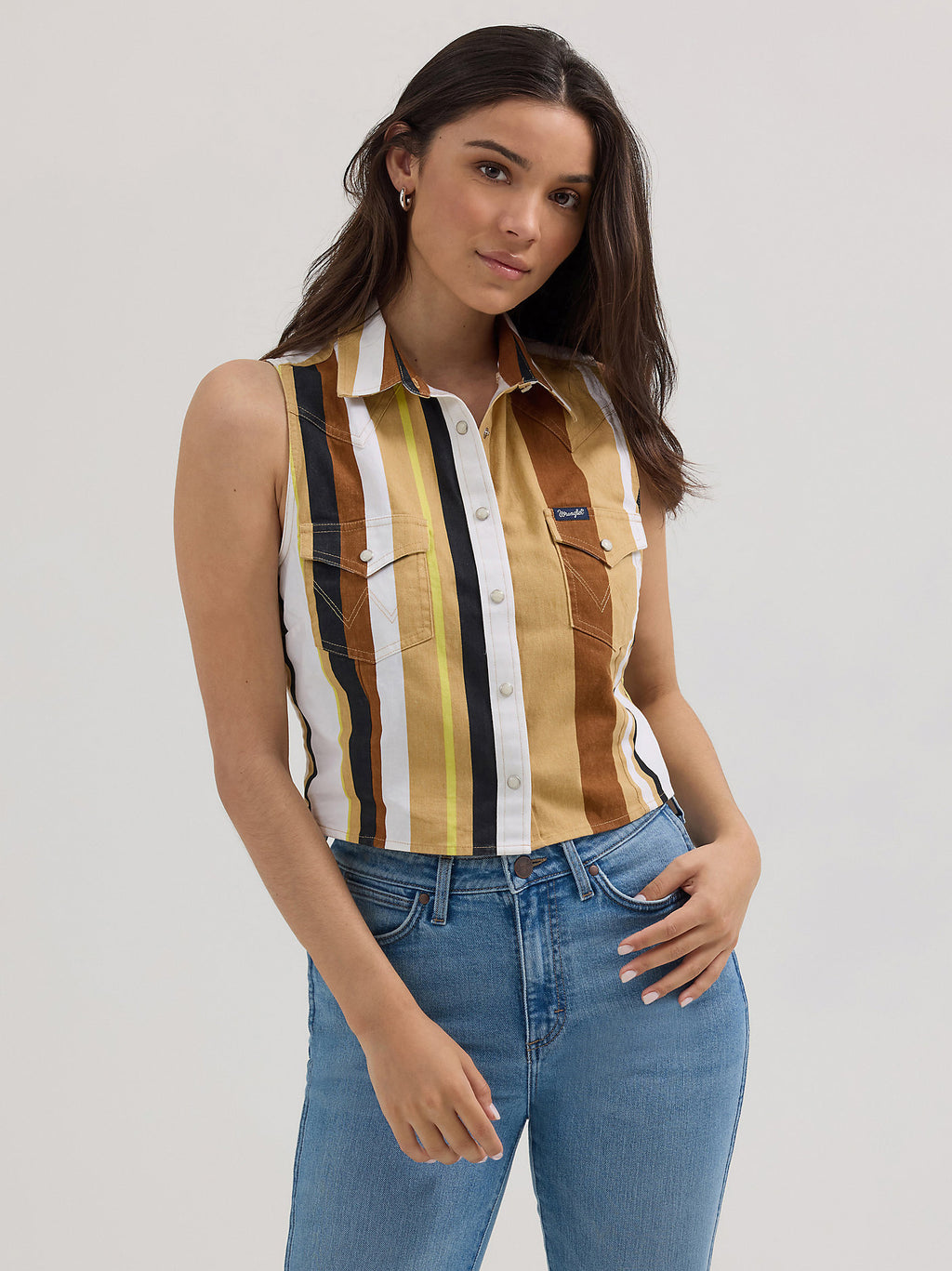 Tan/White - Women's Wrangler Brushpopper Stripe Slim Crop Snap Tank