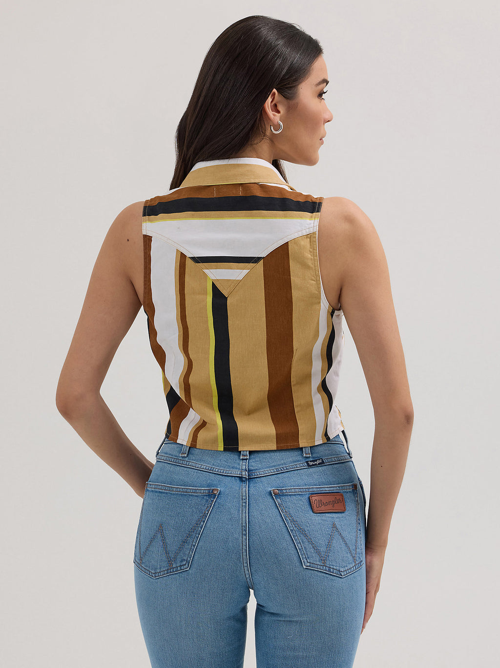 Tan/White - Women's Wrangler Brushpopper Stripe Slim Crop Snap Tank