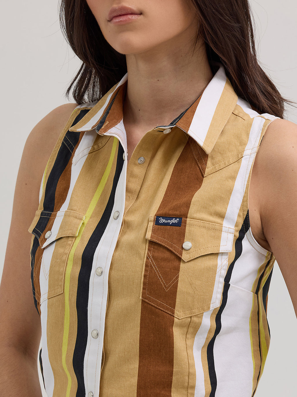 Tan/White - Women's Wrangler Brushpopper Stripe Slim Crop Snap Tank