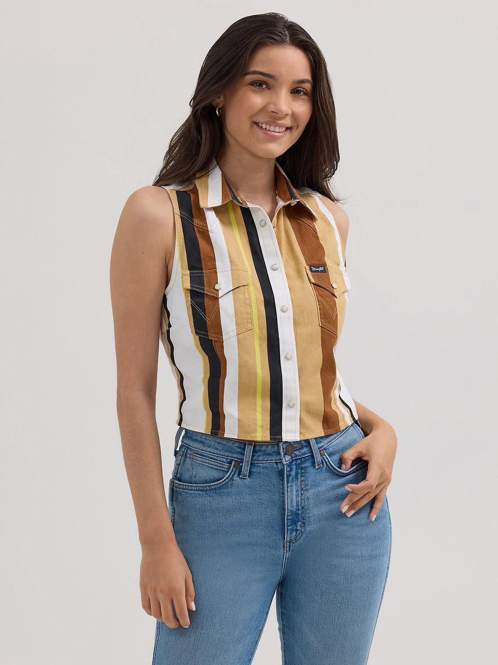 Tan/White - Women's Wrangler Brushpopper Stripe Slim Crop Snap Tank