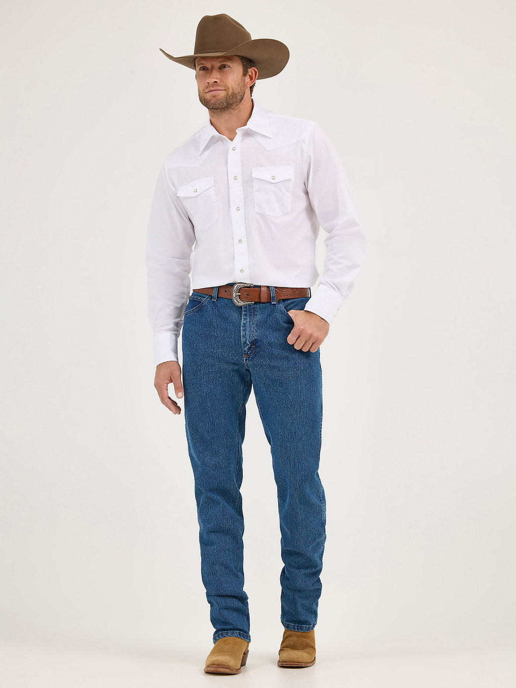 White - Wrangler® Western Snap Shirt - Long Sleeve Solid Broadcloth