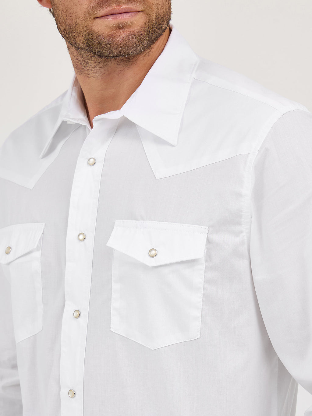 White - Wrangler® Western Snap Shirt - Long Sleeve Solid Broadcloth